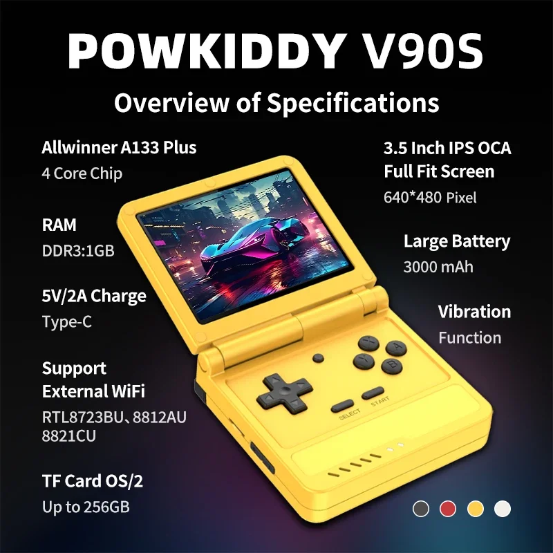 NEW POWKIDDY V90S Open Source Retro Flip 3.5 Inch 4:3 640*480 HD IPS Screen Handheld Game Console A133Plus Vibration function