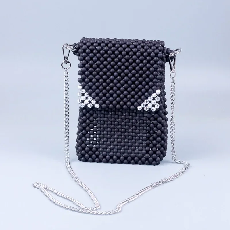 

Fashion Casual Versatile Mobile Bag Customized New Black Frosted Acrylic Handwoven Beaded Vertical Flip Eye Chain Crossbody Bags