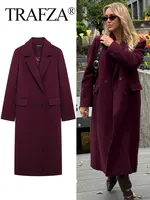 TRAFZA Women Fashion Burgundy Woolen Coat Double Breasted Long Sleeve Lapel Blends Jacket Autumn Winter High Street Outerwear 1