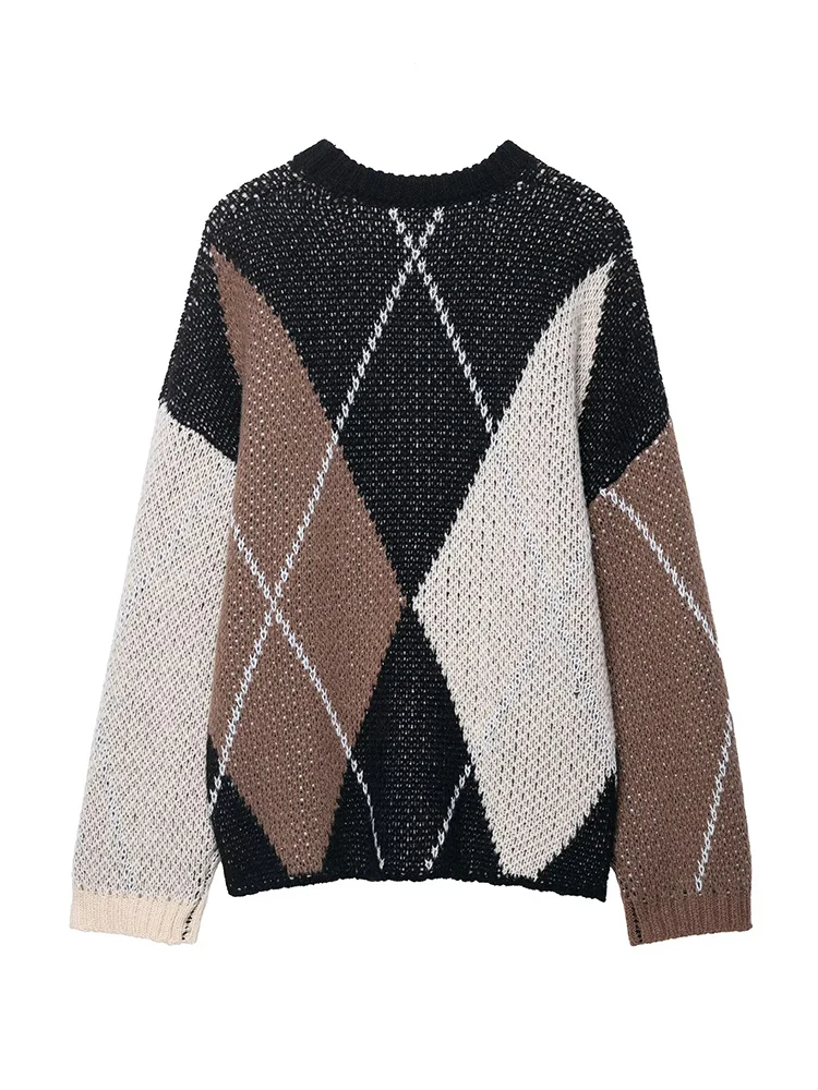 2025 Winter New Women Vintage Knitted Top Elegant Argyle Pattern Round Collar Women Pullover Fashion British Style Sweater