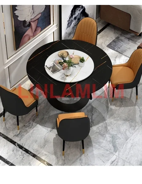 MANBAS Dining Room Furniture, Sintered Stone Table Set Featuring 6 Leather Chairs and Stainless Steel Design / Kitchen Furniture