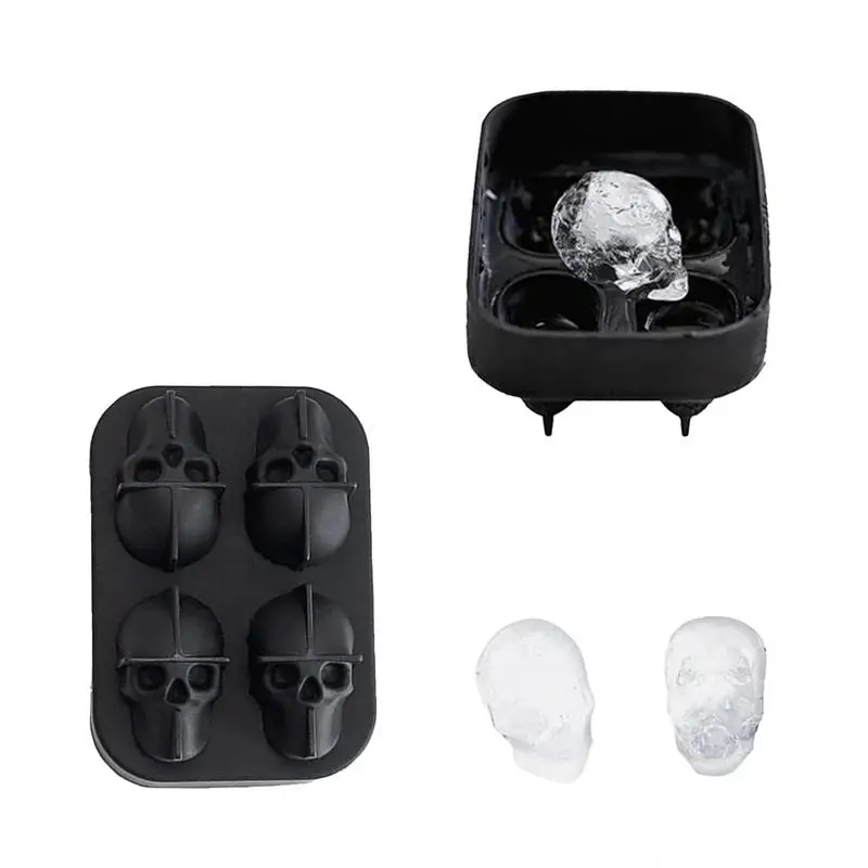 

4 Cell Skull Ice Cubes Tray With Cover Food Grade 3D Silicone Ice Cube Trays Whiskey Wine Cocktail Ice Cube Mold For Home Bar