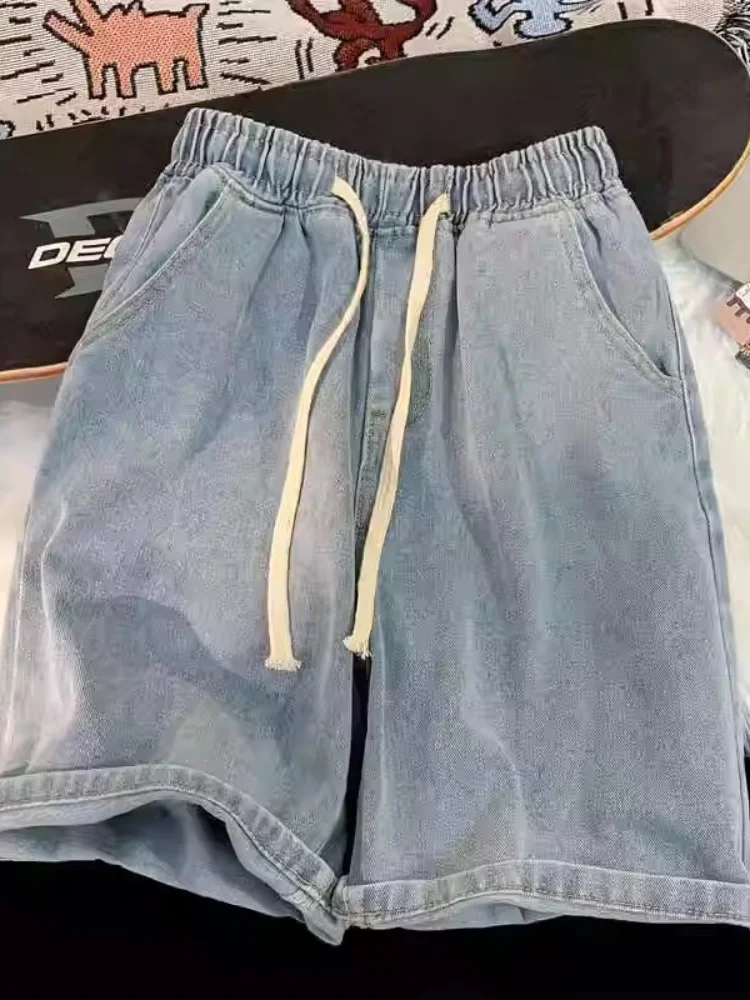 2025 New Korean Style Vintage Men's Jeans Summer Loose Male Wide Leg Knee Length Shorts New Washed Fashion Short Denim Pants 6