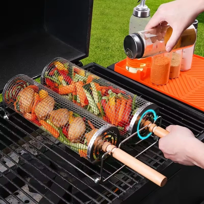 BBQ Basket Stainless Steel Rolling Grilling Basket Wire Mesh Barbecue Cage Portable Round Outdoor Camping Barbecue Rack
