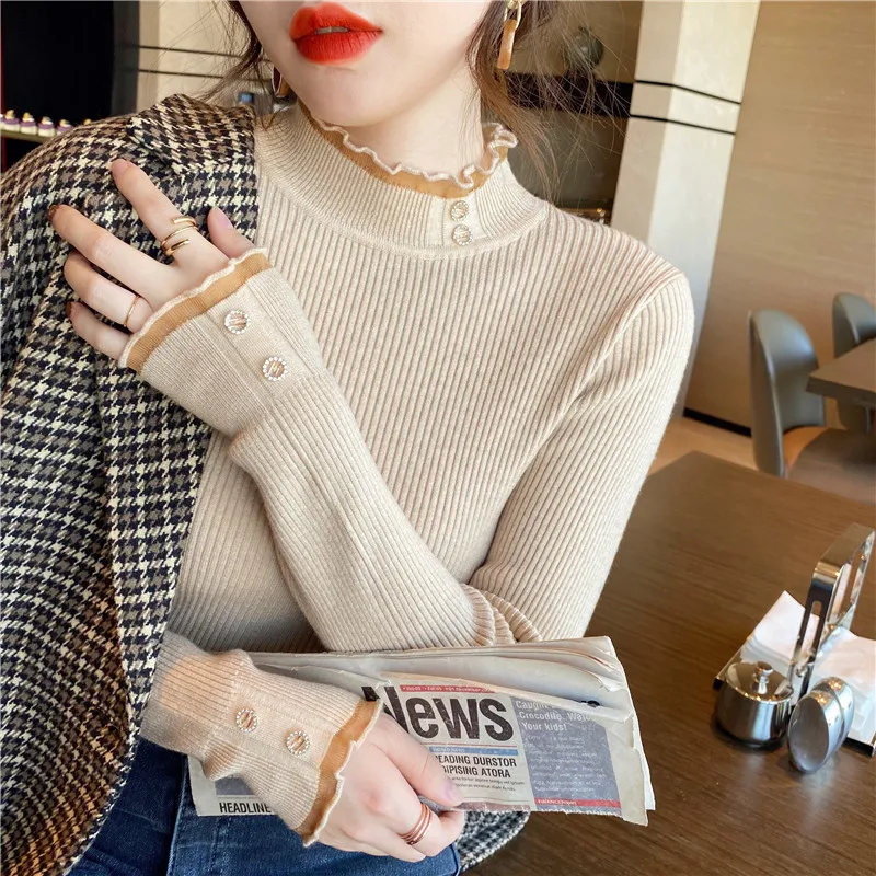 

2023 Autumn/Winter New Soft Glutinous Pullover Lace Solid Design Sense Slim Fit Solid Elegant Style Base Pullover Sweater