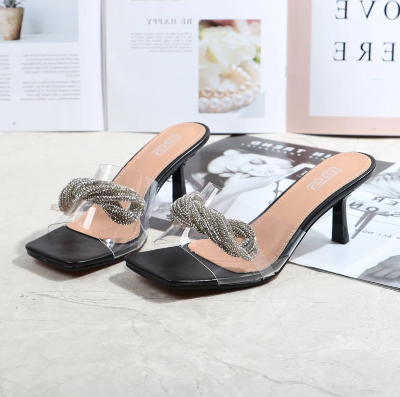 

Women's Fashion Sandals 2022 Summer New PVC Material Rhinestone High Heel Sandals Female Stiletto Outer Slippers 7CM Women Shoes