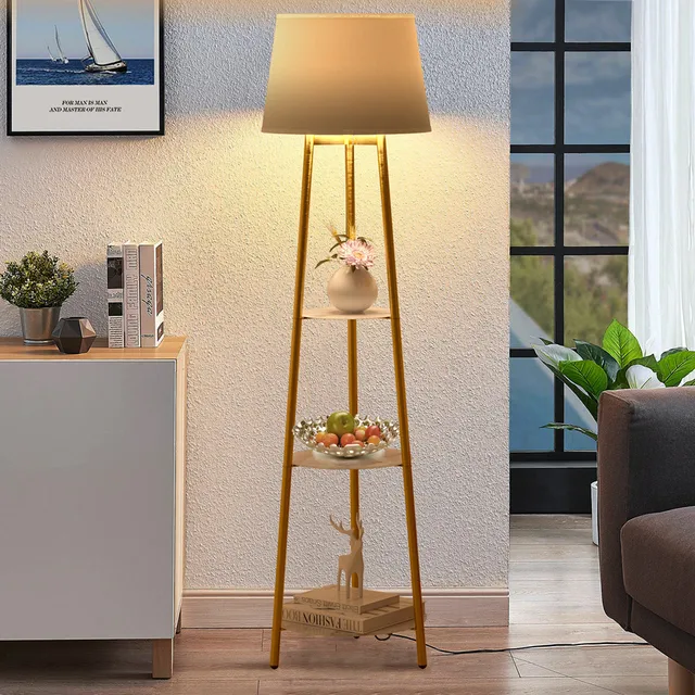 LUVODI Modern Tripod LED Floor Lamp with 3 Tiered Shelves Storage Standing Corner Lamps