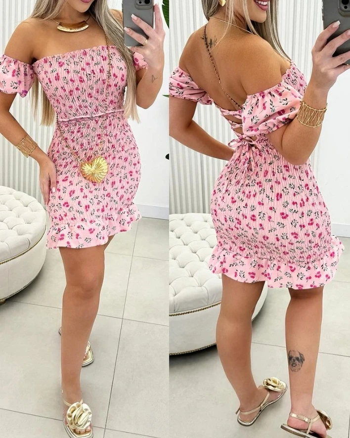 

Women Dress Elegant Ditsy Floral Print Shirred Ruffle Hem Lace-up Backless Off the Shoulder Puff Short Sleeve Bodycon Mini Dress