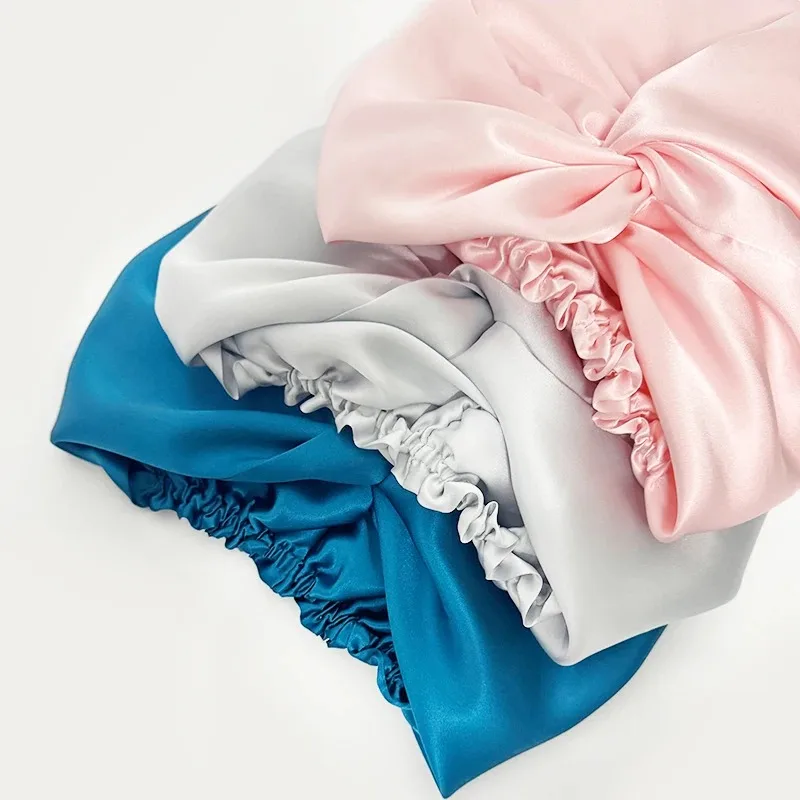 이중 레이어 100% 뽕나무 실크 6A 트위스트 슬리핑 보닛 천연 실크 터번 탄력 있는 리본 여성 헤어 케어 19모미
