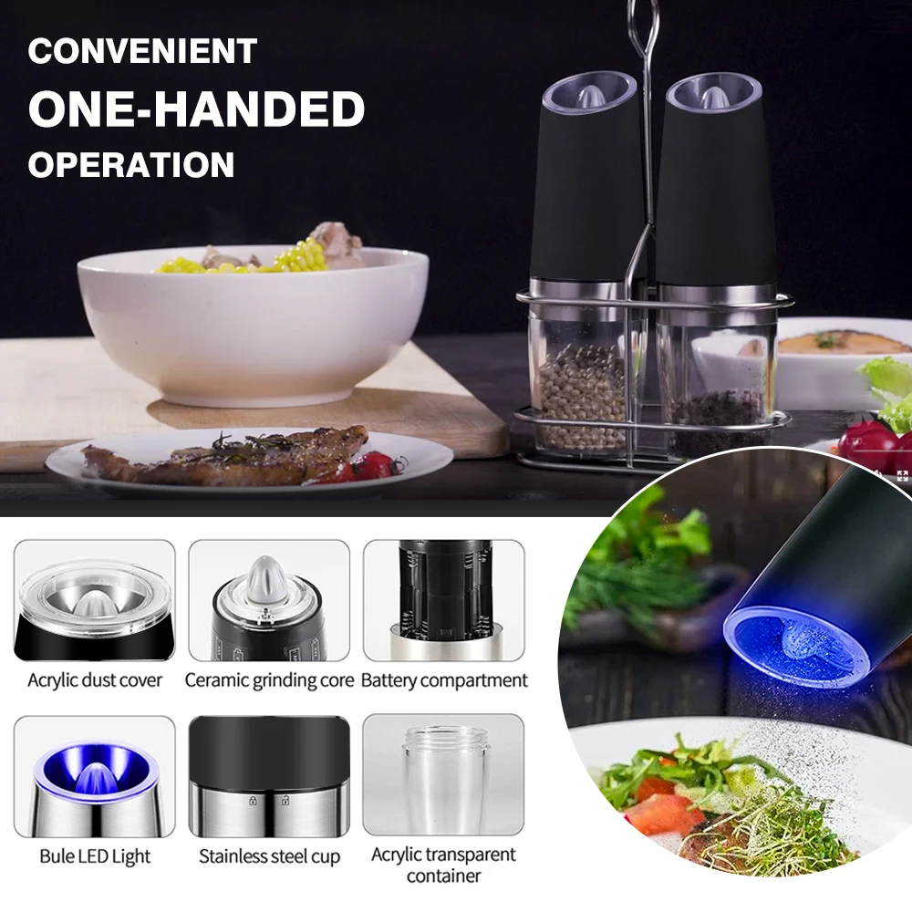 OPUX Battery Operated Salt and Pepper Grinder, Automatic Pepper Mill, Electric  Salt Shaker with LED Light and Bottom Cover