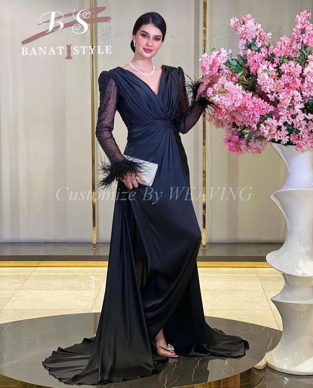 

Mermaid Black Long Sleeves Prom Dresses V Neck Pleated Beadings Feathers Sweep Train Saudi Arabic Women Evening Party Dress