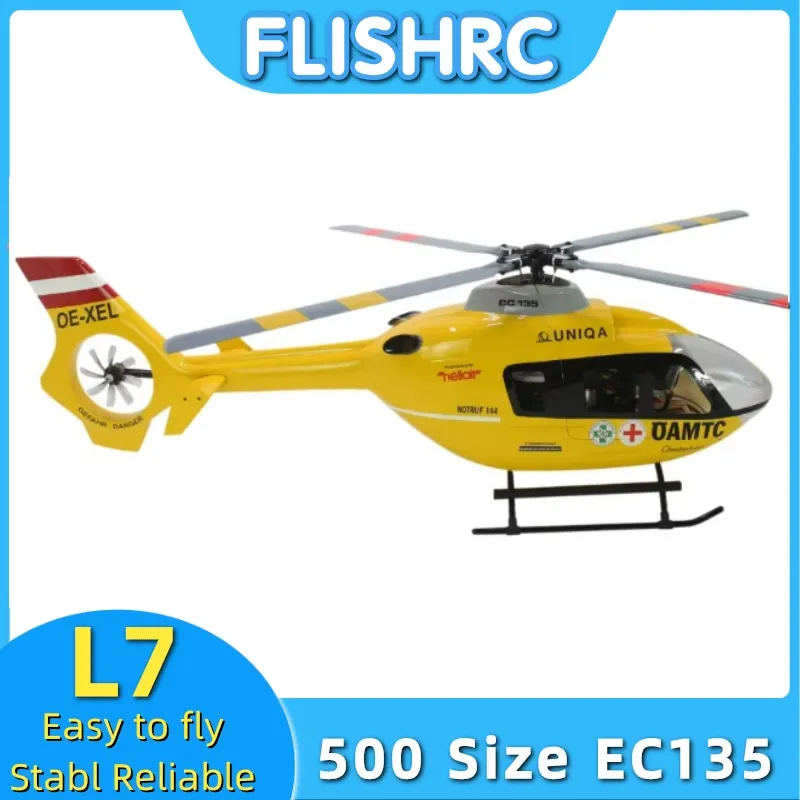 Hélicoptère RC RTF Mode 2 prêt à voler, avec télécommande et pales en rotation sur fond blanc.