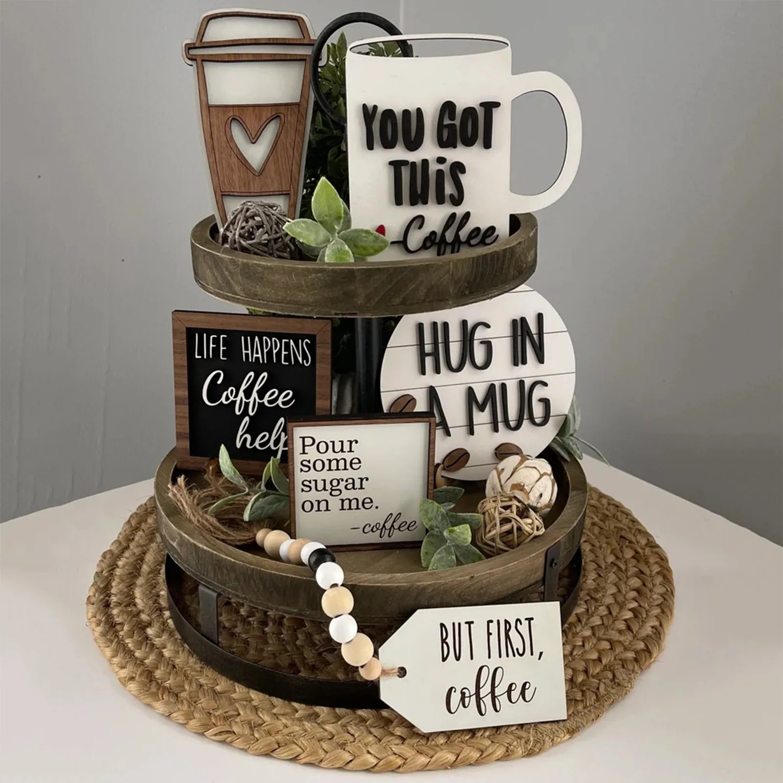 Coffee bar decoration farmhouse layered tray wood mini cup pearl book party