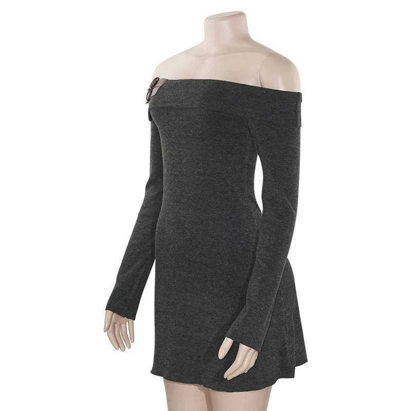 y2k Dress Women Aesthetic Clothing Leather Buckle Off Shoulder Long Sleeve Bodycon Dress Sexy Cocktail Party Dresses
