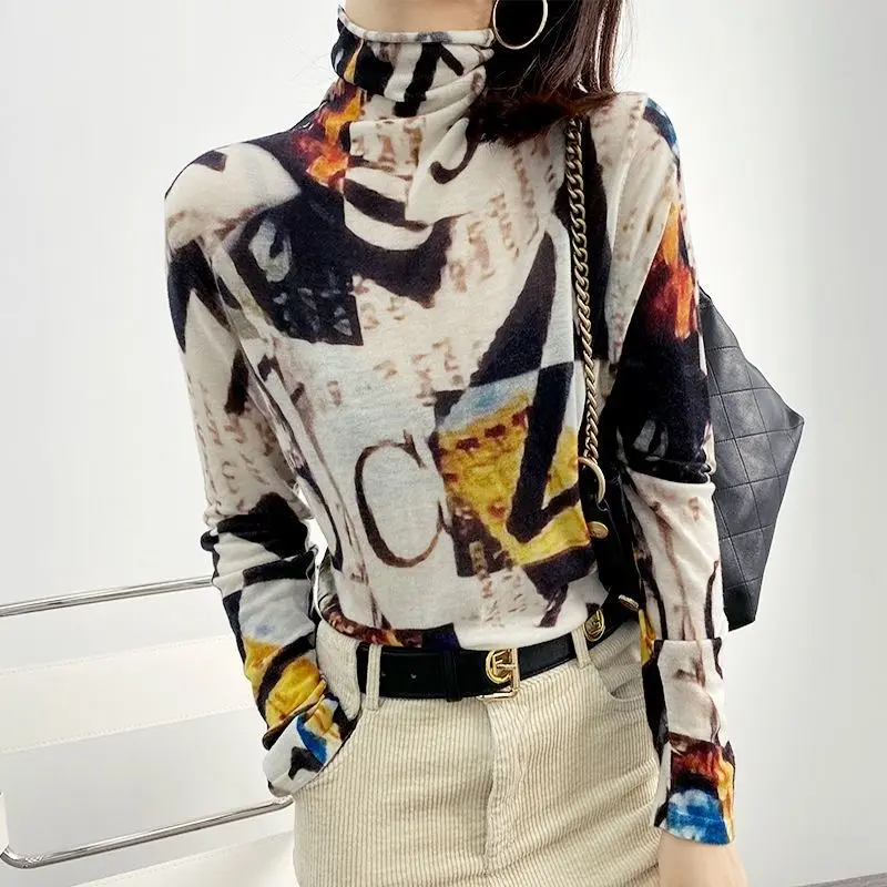 High Collared Spring Summer Bright Line Printing Cotton Top High Elasticity Soft Women T-Shirts Slim Versatile Trend Long Sleeve