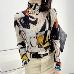 High Collared Spring Summer Bright Line Printing Cotton Top High Elasticity Soft Women T-Shirts Slim Versatile Trend Long Sleeve