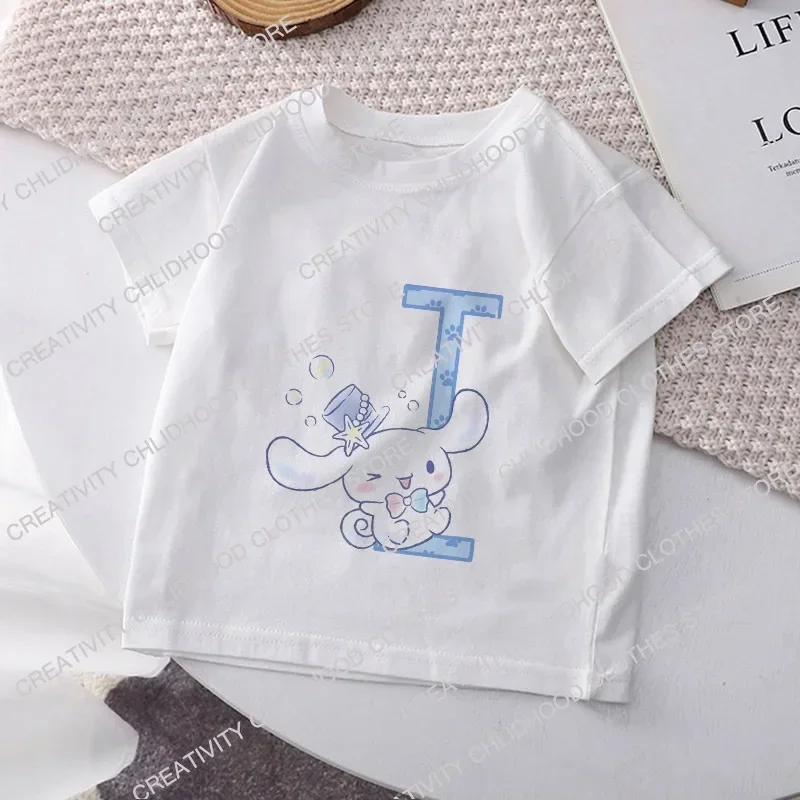 Cinnamoroll Children T-shirt Letter A B C D Name Combination Sanrio Kawaii Girls Tee Shirts Cartoons Casual Clothes Kid Boy Tops 3