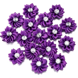 Elegant Handmade Satin Ribbon Flowers with Rhinestone Accents - Set of 20 Decorative Pieces for Clothing and Crafting (Deep Purple)