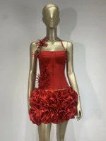 High End Fashion Women Red Bandage Outfit Halter Slash Neck Corset Top And Rose Mini Skirt Two Pieces Sets Evening Club Party - Image 2