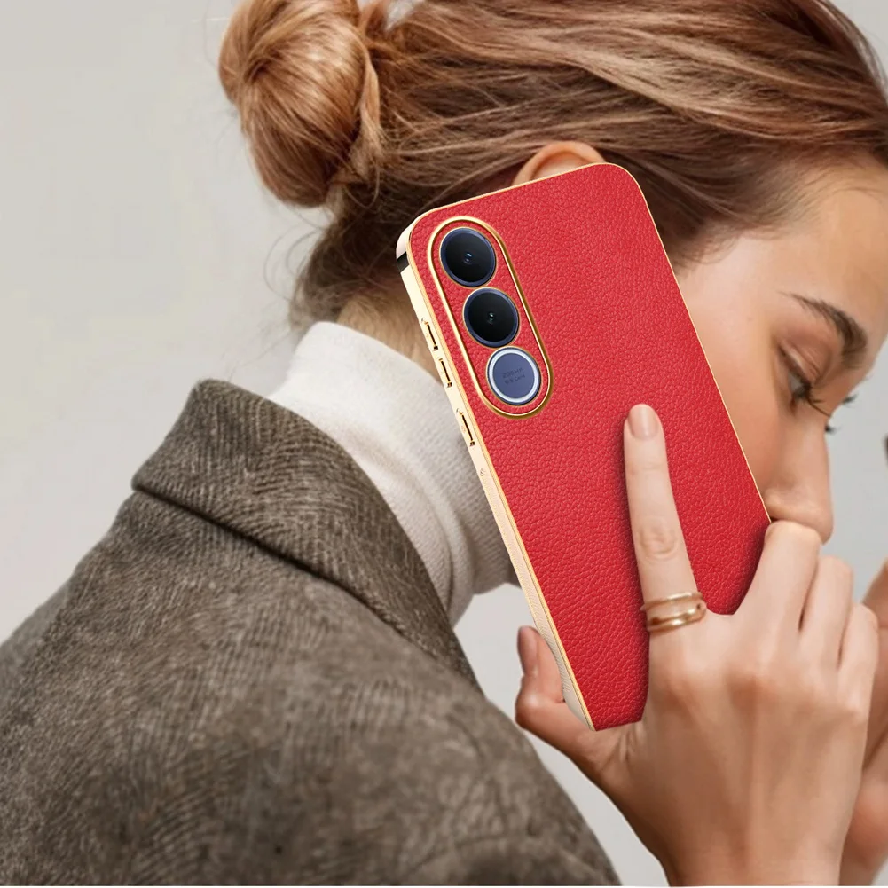 Classic Lychee Leather Electroplated Frame Case - Premium Smartphone Protection Cover