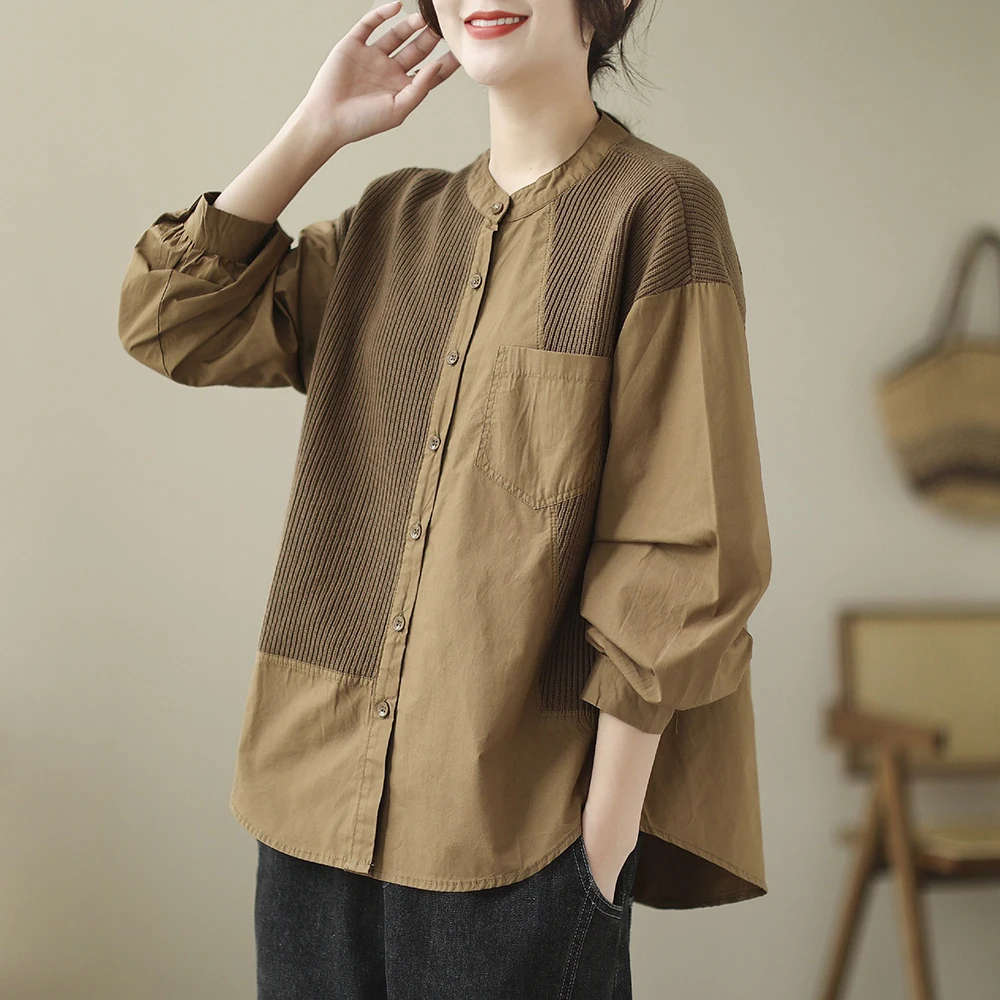 

NINI WONDERLAND 2023 Spring Single Breasted Casual Shirt Tops Autumn Women's Knitted Patchwork Cotton Vintage Shirts