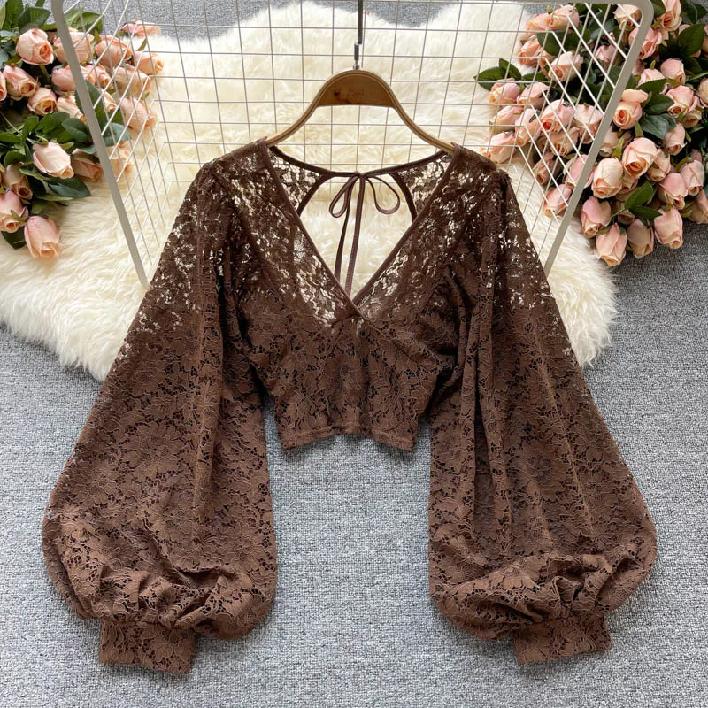 

Lace-up Backless Short Perspective Gouhua Lace Shirt Autumn New Korean Style Shirt All-match Top 2023 fashion women's Clothing