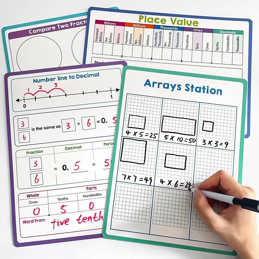 4PCS Fraction Dry Erase Boards Math Skills improve Double Sided Fraction Calculation Percent/Place Value white board for Kids