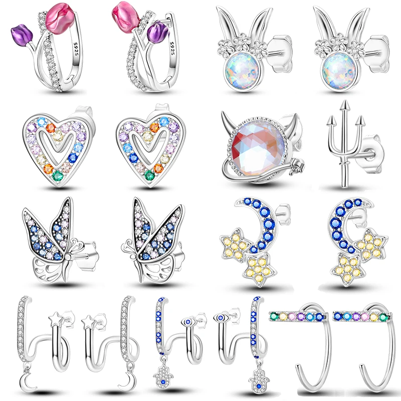 

100% 925 Sterling Silver Tulip Gem Rabbit Butterfly Earrings For Women Irregular Colorful Zircon Womens Earrings Fine Jewelry