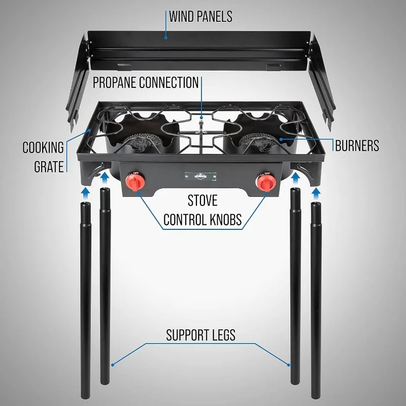 Cast Iron Double-Burner Outdoor Gas Stove 150,000 BTU Portable Propane Cooktop w/Blue Flame Control, Removable Legs,