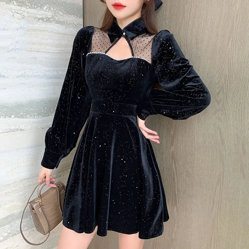 

Autumn Mesh Patchwork Dresses Women 2023 Korean Tunic Waist Black Dress Woman Winter Hollow Out Beading Sequin Velvet Mini Dress