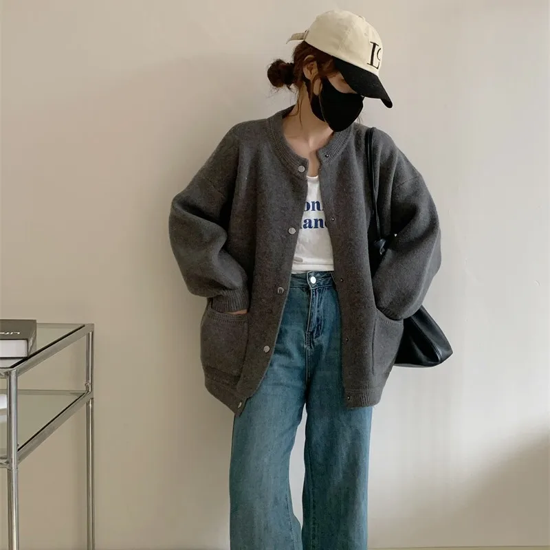 

2022 Autumn And Winter Women's Languid Style Solid Color Sweater Coat New Loose Bomber Jersey Cardigan Top Fashion