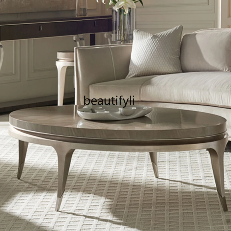 

American Light Luxury Tea Table Full Solid Wood Art Champagne Gold Curved Feet Oval Coffee Table