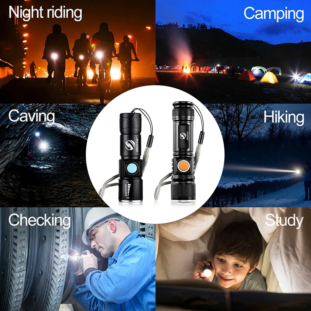 Powerful LED Flashlight With Tail USB Charging Head Zoomable waterproof Torch Portable light 3 Lighting modes