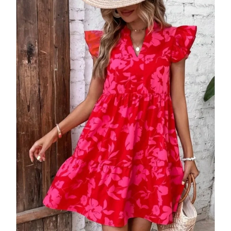 

Fresh and Sweet Women's Flower Dress 2024 Summer New Lotus Leaf Sleeves V-Neck Loose High Waist Casual Fashion Printed Dress