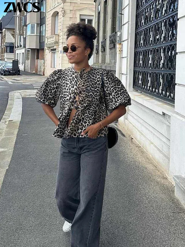 Leopard Print Lace Up Shirt Women Puff Short Sleeve Hollow