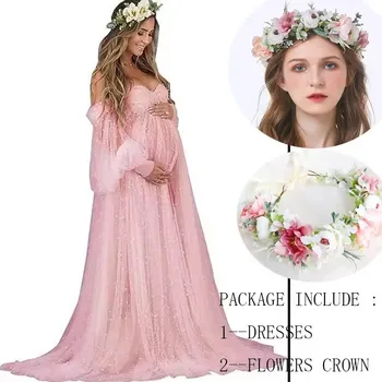 Pearl Tulle Maternity Dress Photoshoot Halo Crown SET Baby Shower Photographie de vêtements de maternité vestido maternidad