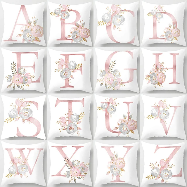 Spring Style 26 English Letters Alphabet Initials Cushion Covers Hand Painting Flower Pink KING HOME Cushion Cover Pillow Case