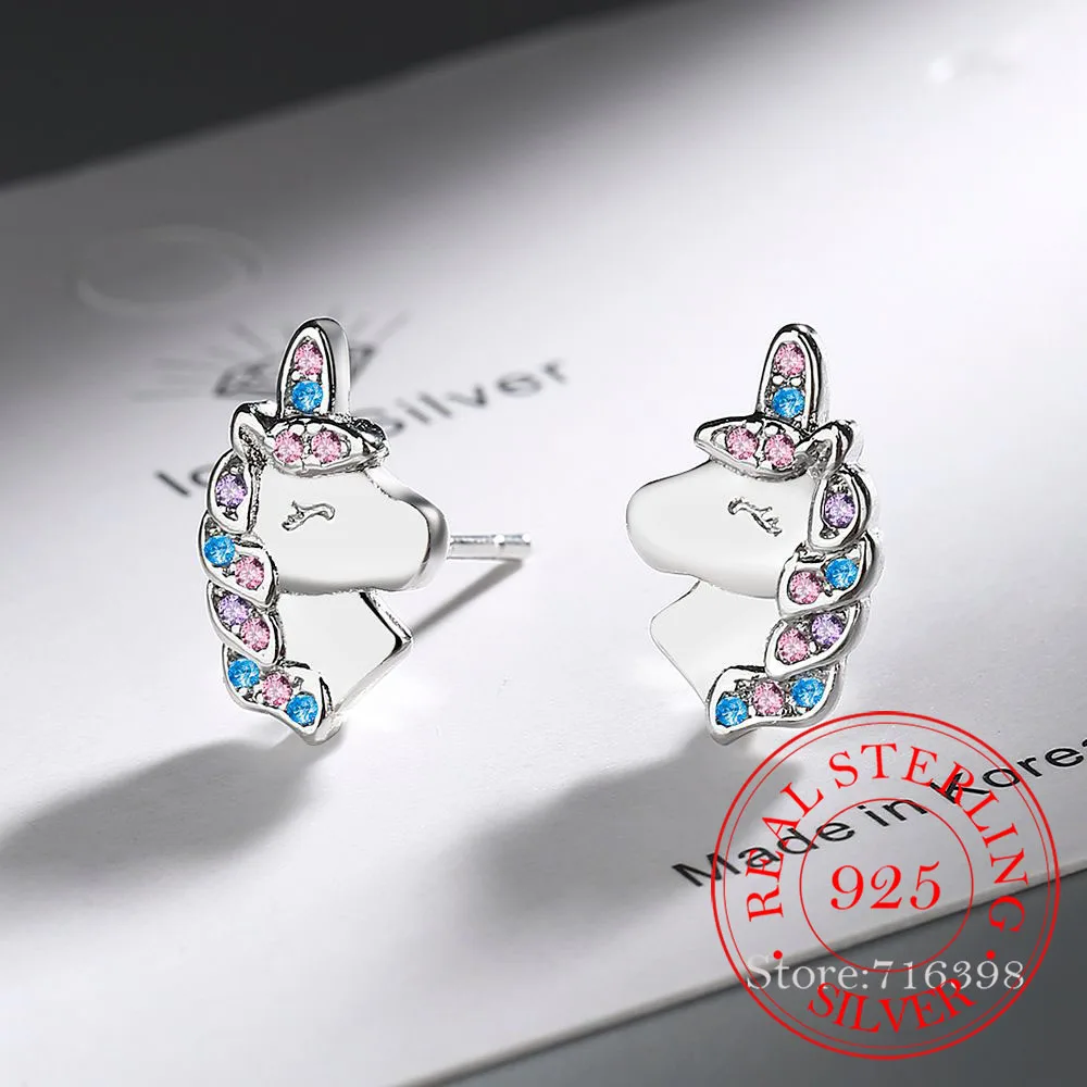 925 Sterling Silver Cute Unicorn Rainbow Stud Earrings Women Girls Studants Friends Party Jewelry Gift Female Pendientes silver earrings,silver stud earrings,womens earrings