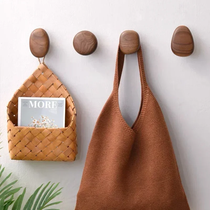 Solid Wood Handle Clothes Hook Coat Hook Wall-mounted Punch-free Door Clothes Hanger Pebble Shape Cabinet Door Kitchen Organizer 4