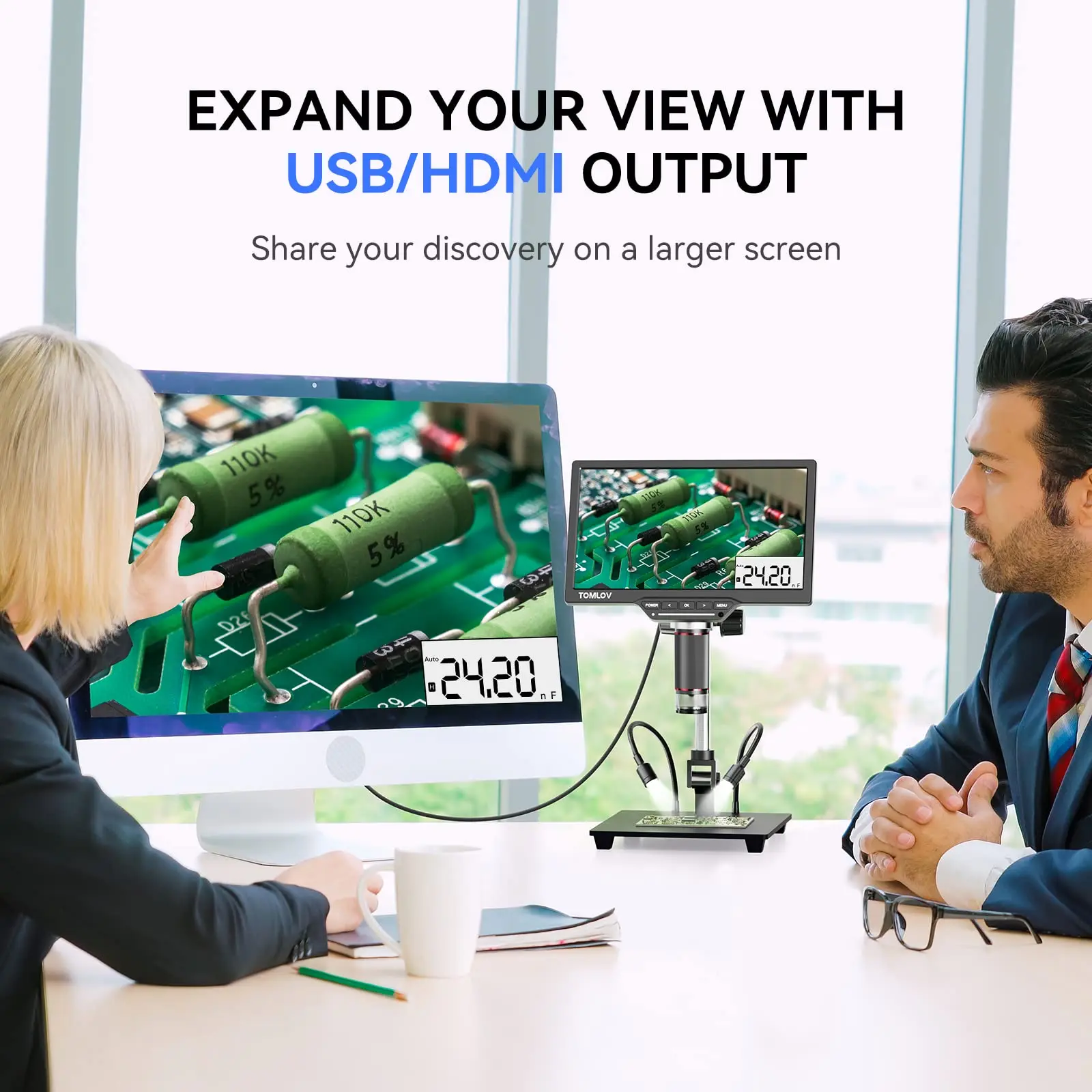 TOMLOV HDMI 디지털 현미경, 멀티미터 포함, 10.1 인치 납땜 USB 현미경, 전자 PCB 검사 수리용, DM202M