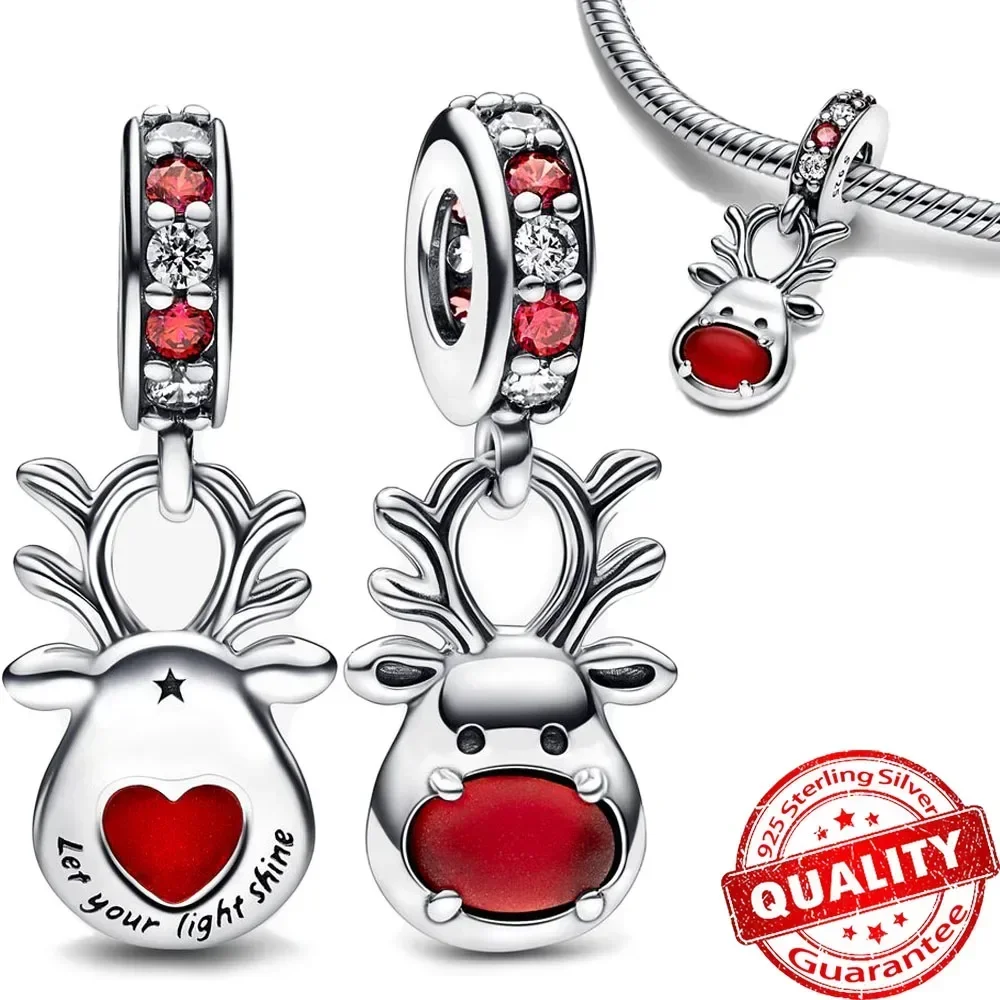 Sparkling 925 Sterling Silver Double Candy Cane Heart Christmas Dangle Charm Fit Pandora Bracelet Christmas Gift Jewelry Set