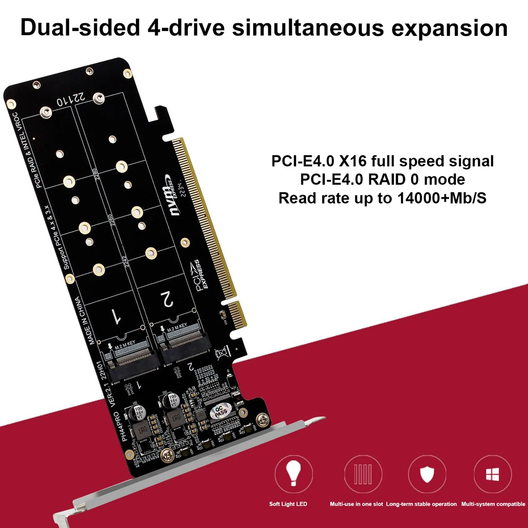 PCIE X16 to M.2 M-Key NVMEx4 SSD 2U Server Riser Card Double-Sided 4-Disk NVME PCI-EX16 Split Card nvme pcie riser card