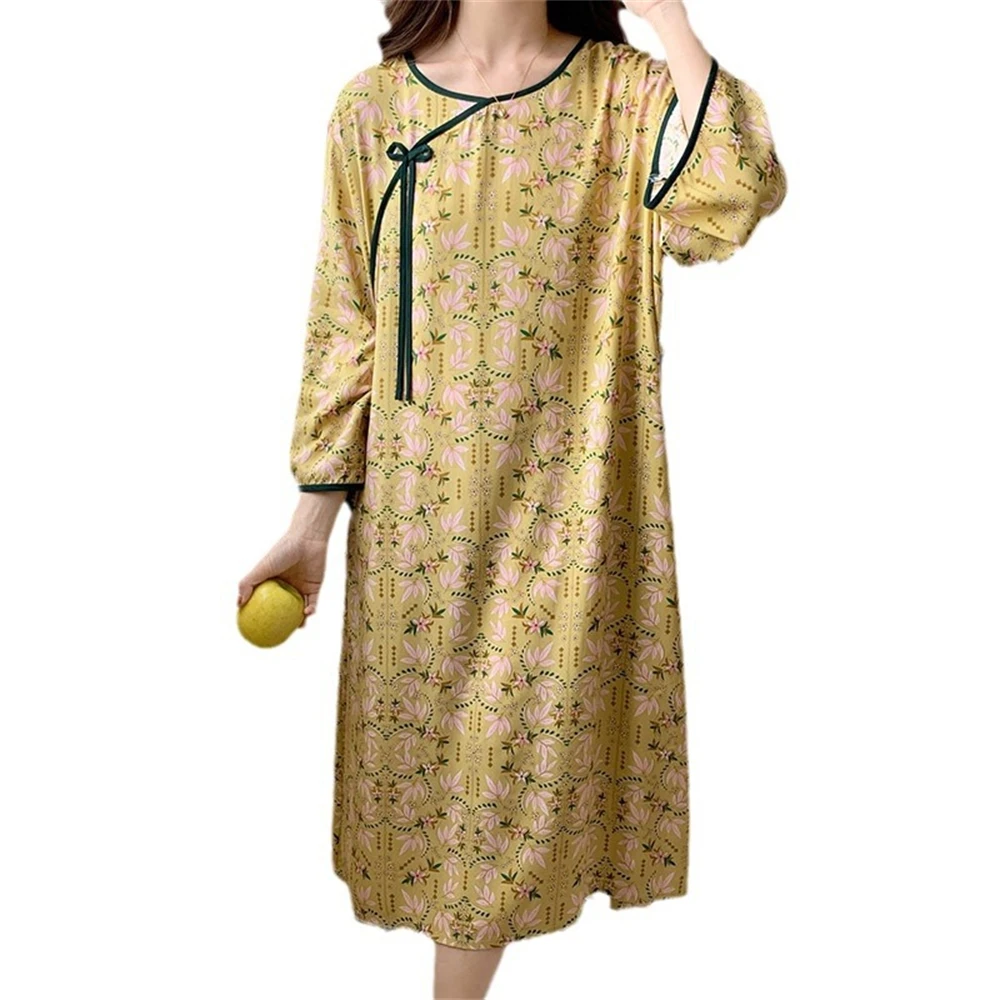 

Ladies Loose Nightdress Women Summer Long Sleeve Nightgown Chinese Style Printing Sleepwear Large Size Breathable Homewear Dress