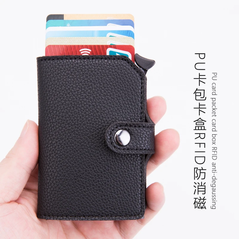 Card Holder Pu Litchi Leather Pop Up Case Smart Wallet Men Slim RFID Pochette Purse Aluminum Money Clip Carbon Fiber Business