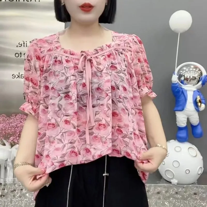 Women Summer Thin Korean Printed Chiffon Shirts Square Collar Loose Patchwork Ruched Bandage Short Sleeve Oversized Commute Tops