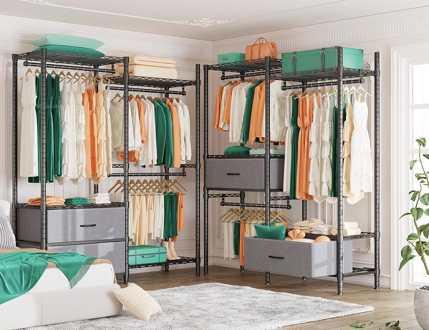 Adjustable Clothing Racks for Hanging Clothes, Portable Closet with 2 Drawers 3 Hanging Rods Load 650lbs, Black