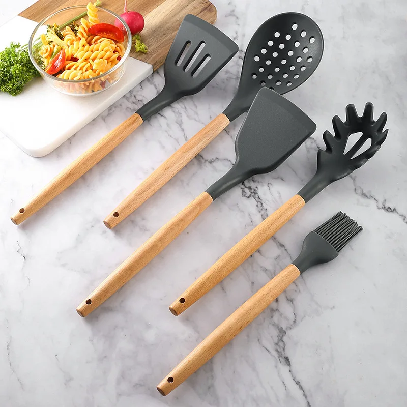 1PcsSiliconeWoodHandleGraySpatulaSoupSpoonSpatulaSpaghetti