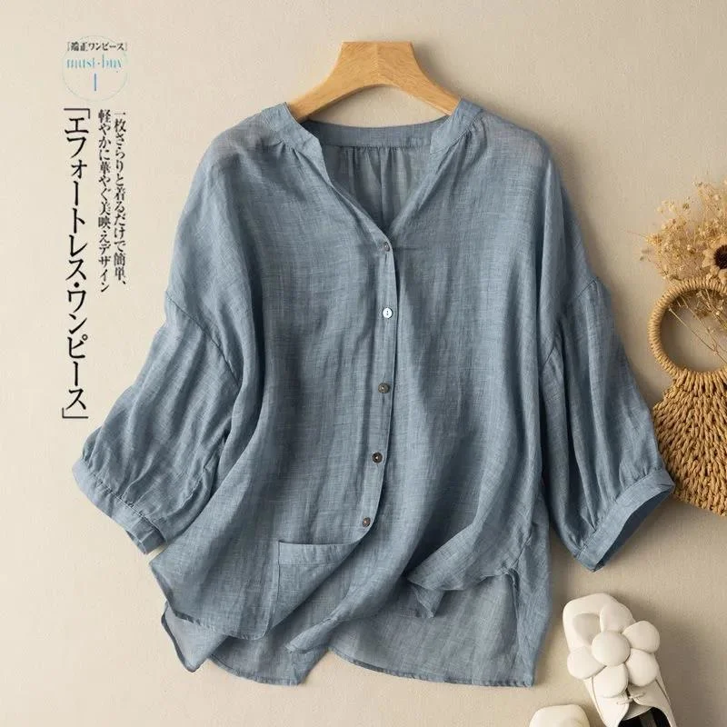 

Women's V-neck Loose Blouse Cotton Linen Casual T-shirt Short Sleeve Arts Style Summer New Retro Thinshirt Jacket Fashion Flax