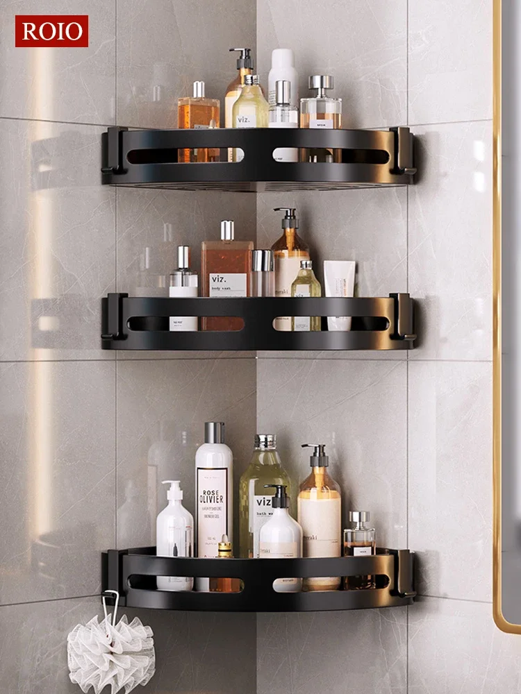 

Wall Amounted Storage Rack Thicken Aluminum Black Bathroom Corner Shelf No Punch Triangle Organizer Holder Metal Home Appliance
