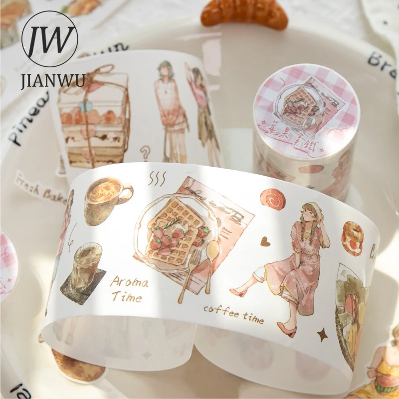 JIANWU 커피 루틴 시리즈 빈티지 캐릭터 빵 커피 풍경 소재 콜라주 와시 테이프 크리에이티브 저널 문구류